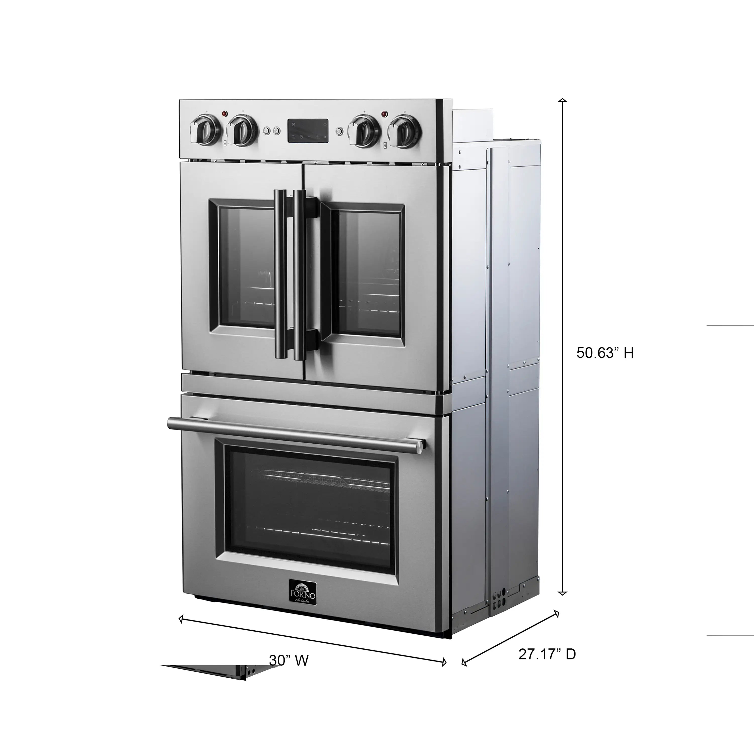 Stainless electric French door double oven with dimensions shown on white background