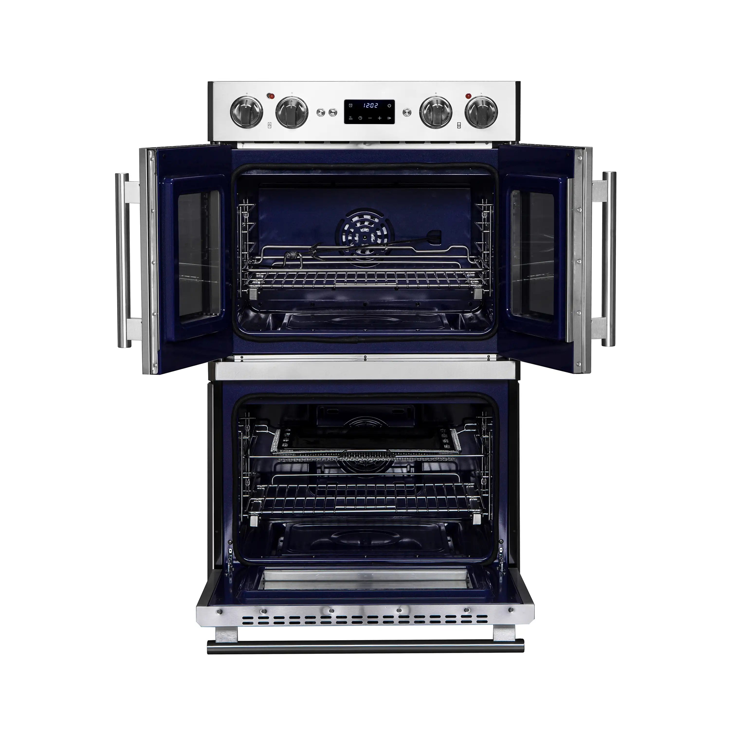 Electric double oven with both doors open—upper and lower cavities with racks