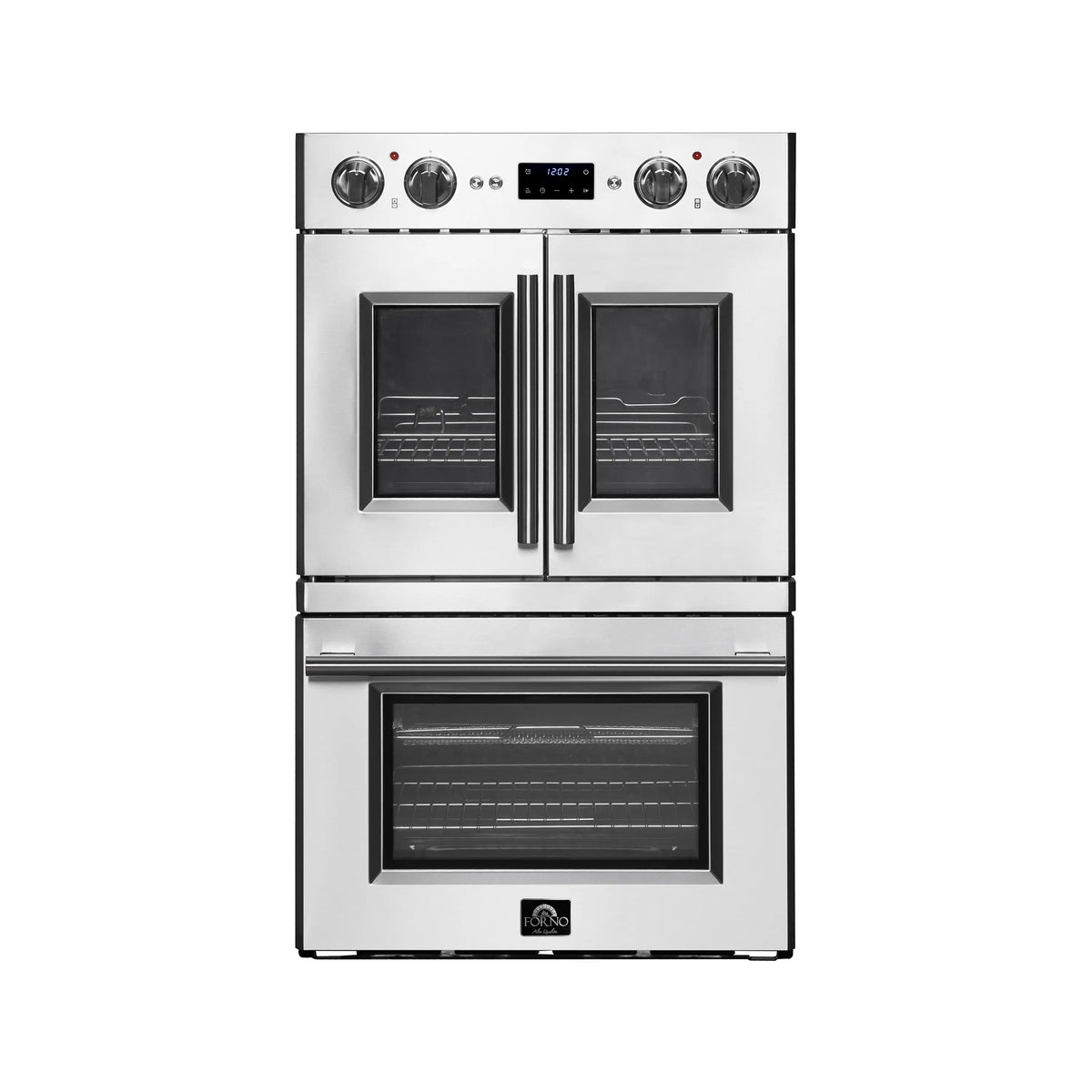 Stainless electric double oven with French doors closed and top control panel