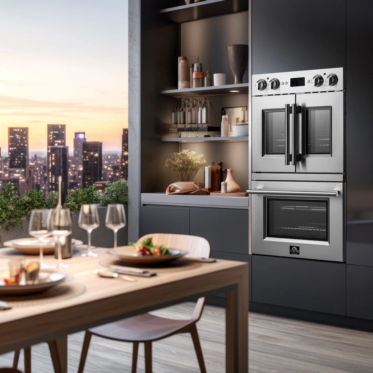 Stainless electric French door double oven installed in kitchen, doors and handles visible