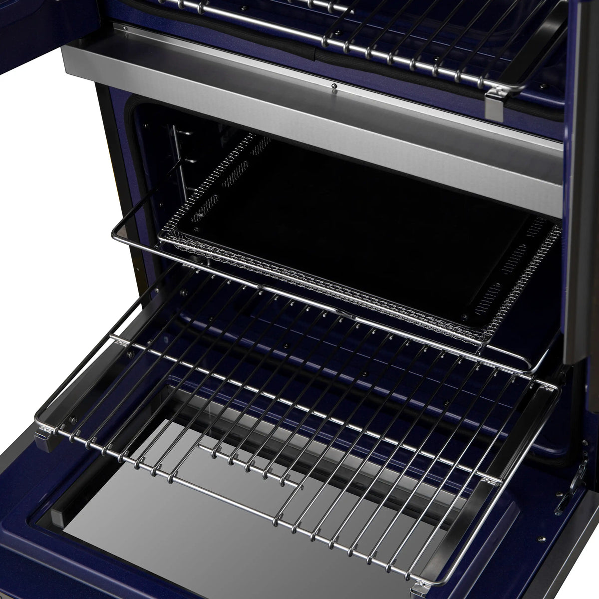 Open oven door with slide-out rack and wire shelves inside the electric double oven