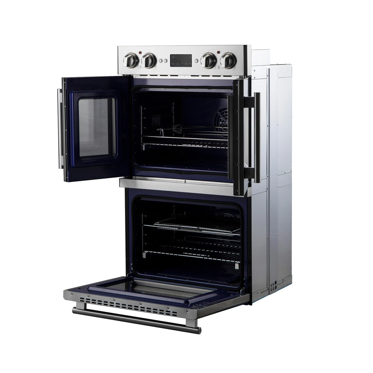 Electric double oven with French doors open—upper and lower racks visible