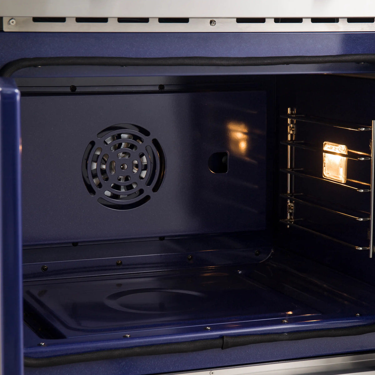 30-inch electric double French-door oven, open upper cavity with cooling fan vent