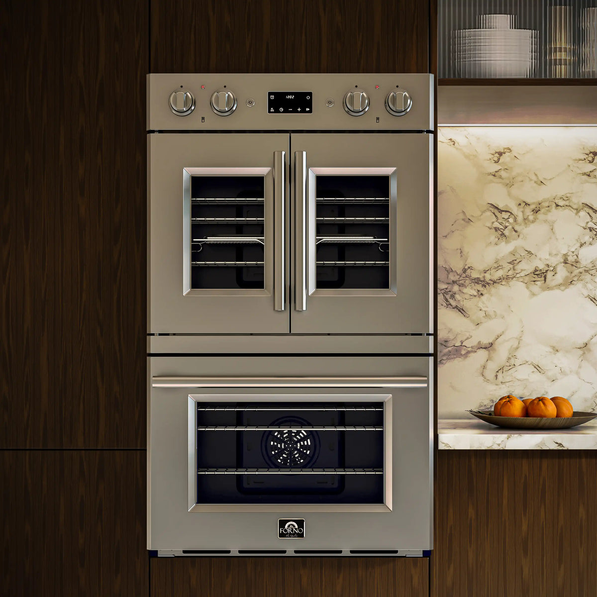 Stainless steel double French-door electric oven with top control panel and twin doors