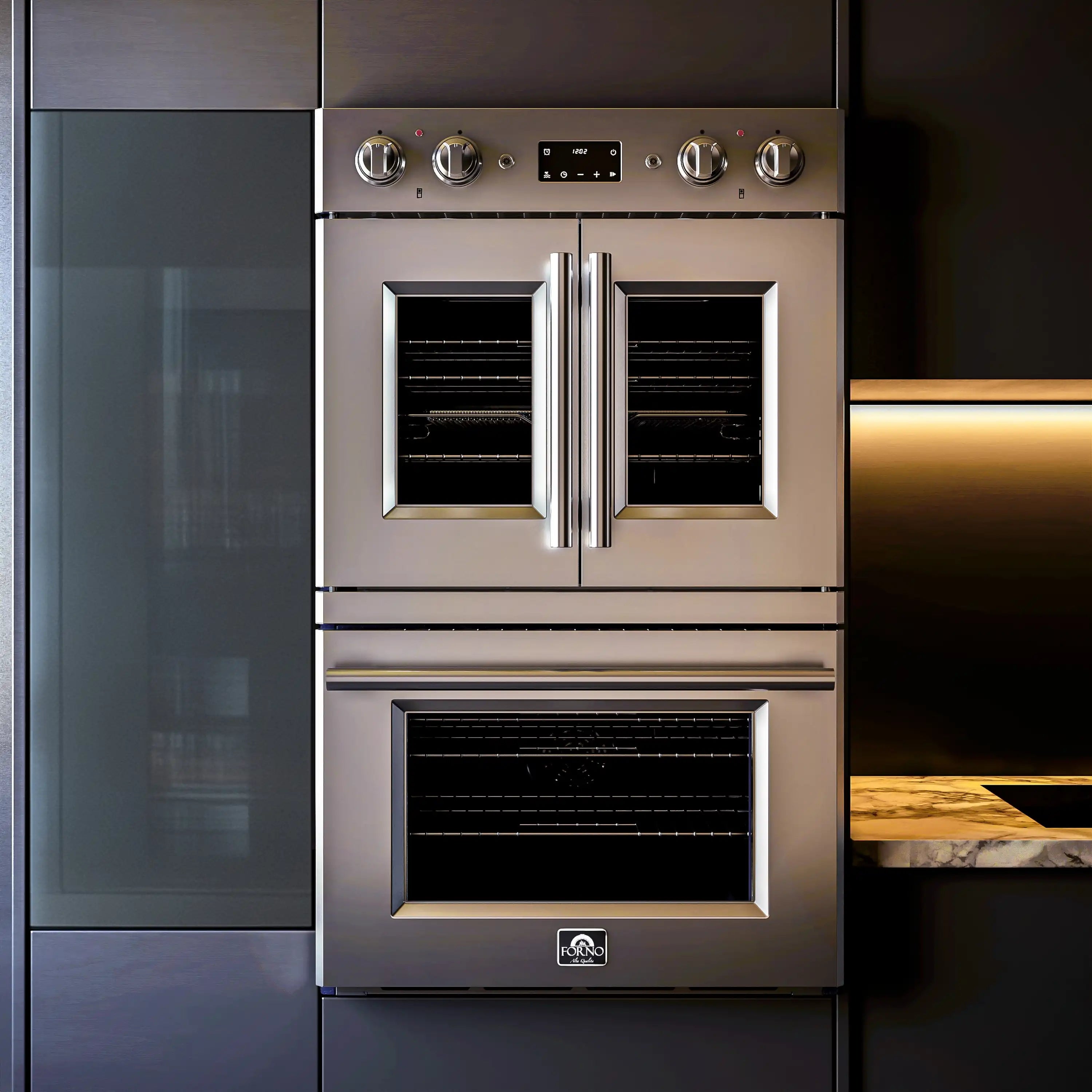 30-inch electric double French-door oven with upper French doors and lower oven door