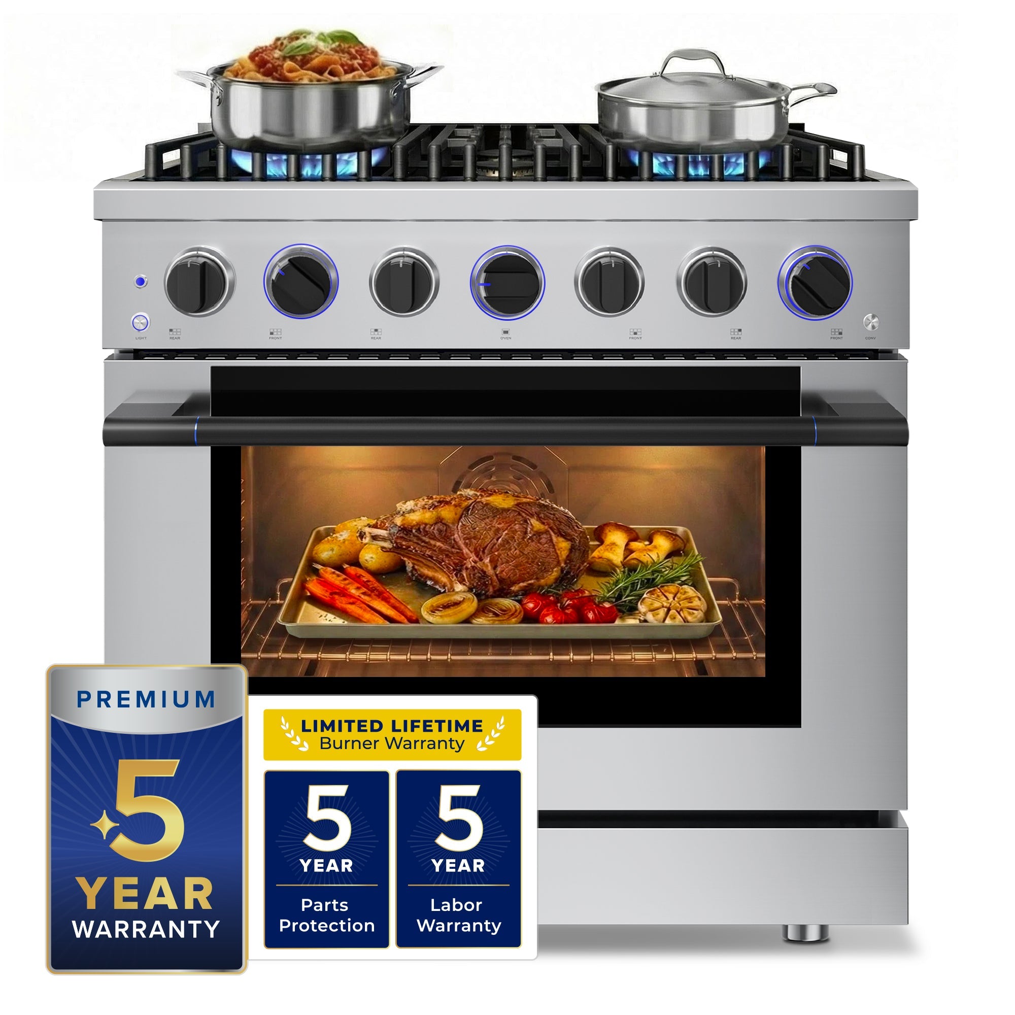 Stainless steel gas range front with lit burners and open convection oven with roasting tray