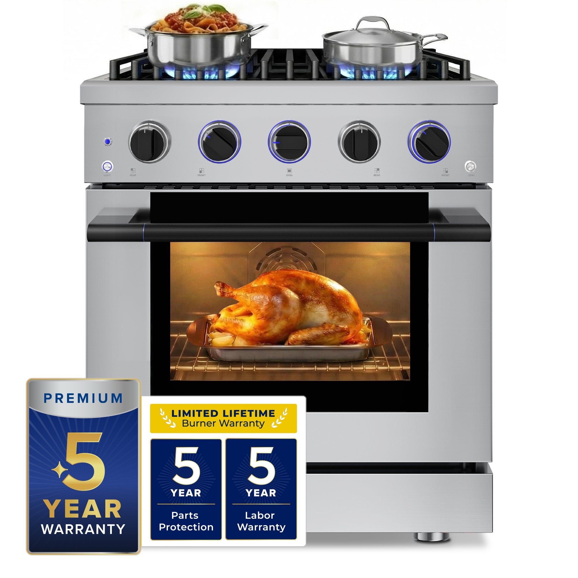 Front view stainless steel 30-inch range with control knobs and glowing convection oven