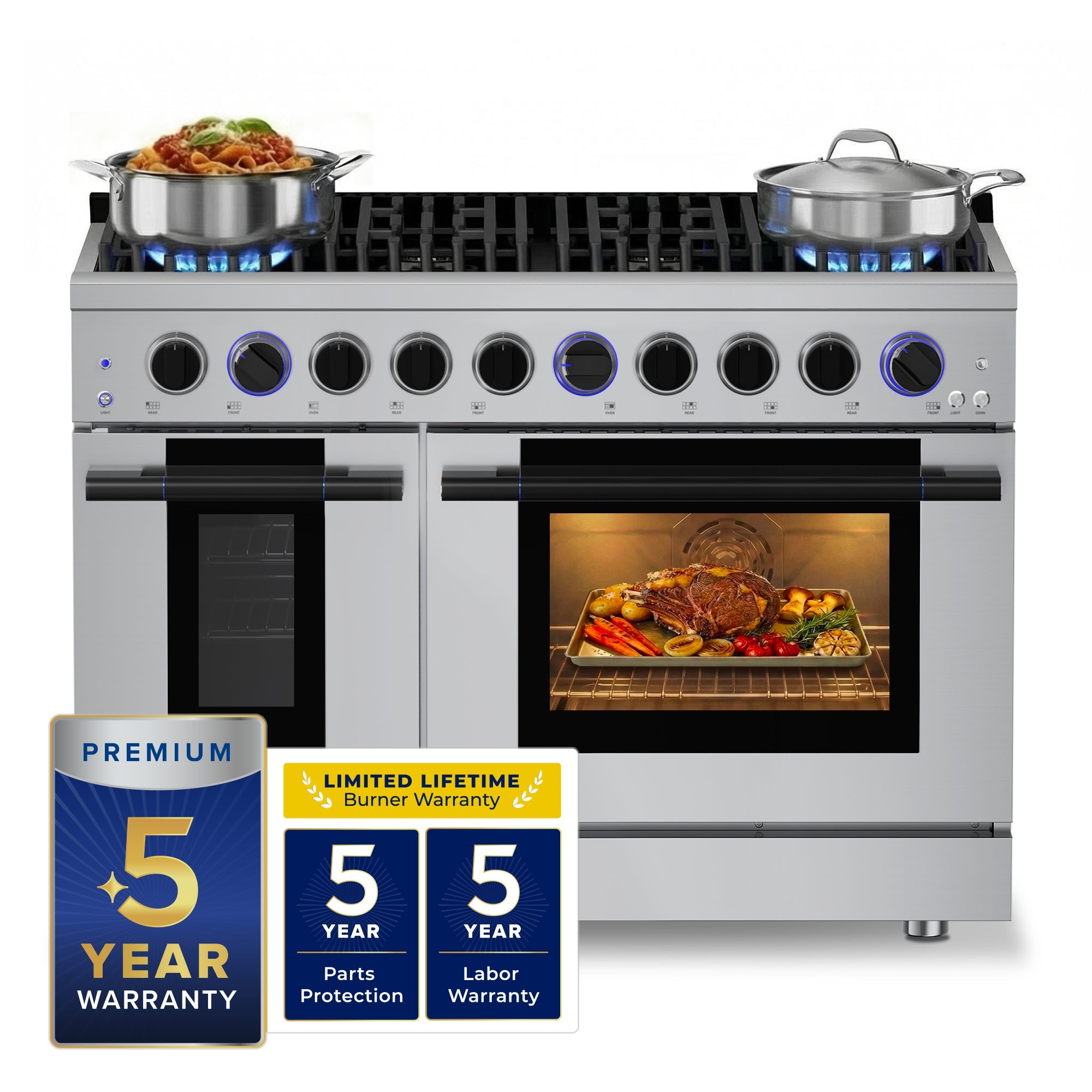 Hauslane HausPro Series 48-Inch Gas or Dual Fuel Range with 8 Burners and Convection Oven in Stainless Steel