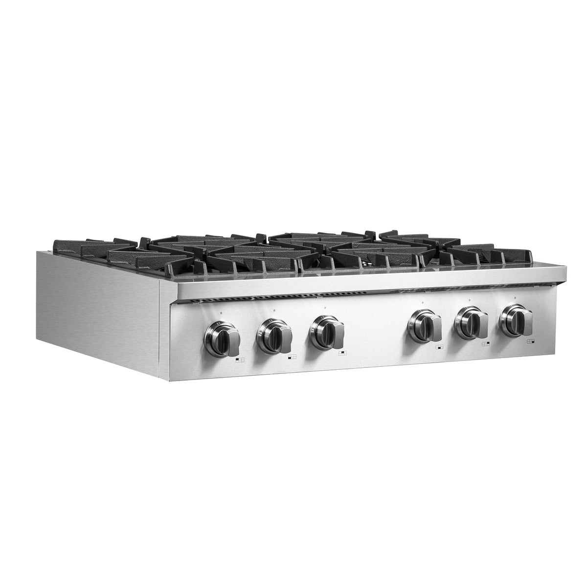 Stainless steel gas rangetop with black burner grates and six front knobs