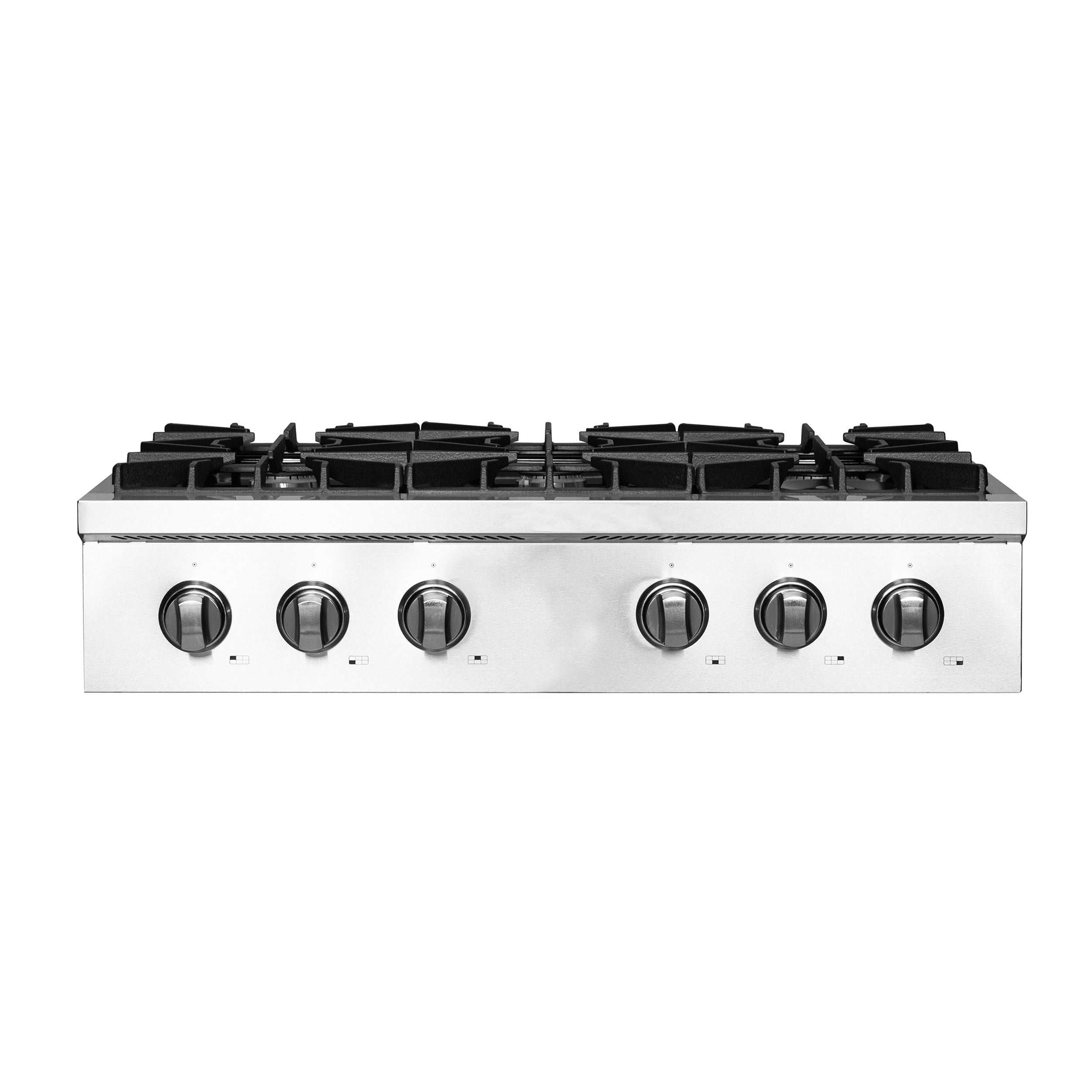 Stainless steel gas rangetop with six burner grates and front control knobs