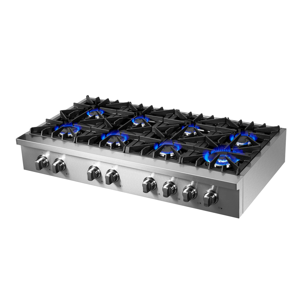 Stainless steel gas cooktop at angle with blue-lit burners and front control knobs