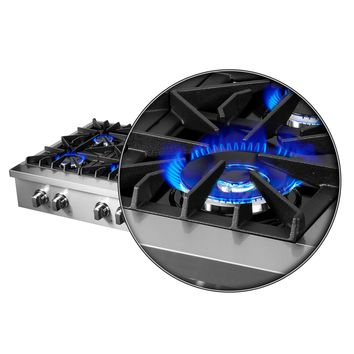 Stainless steel gas cooktop burner close-up with blue flame