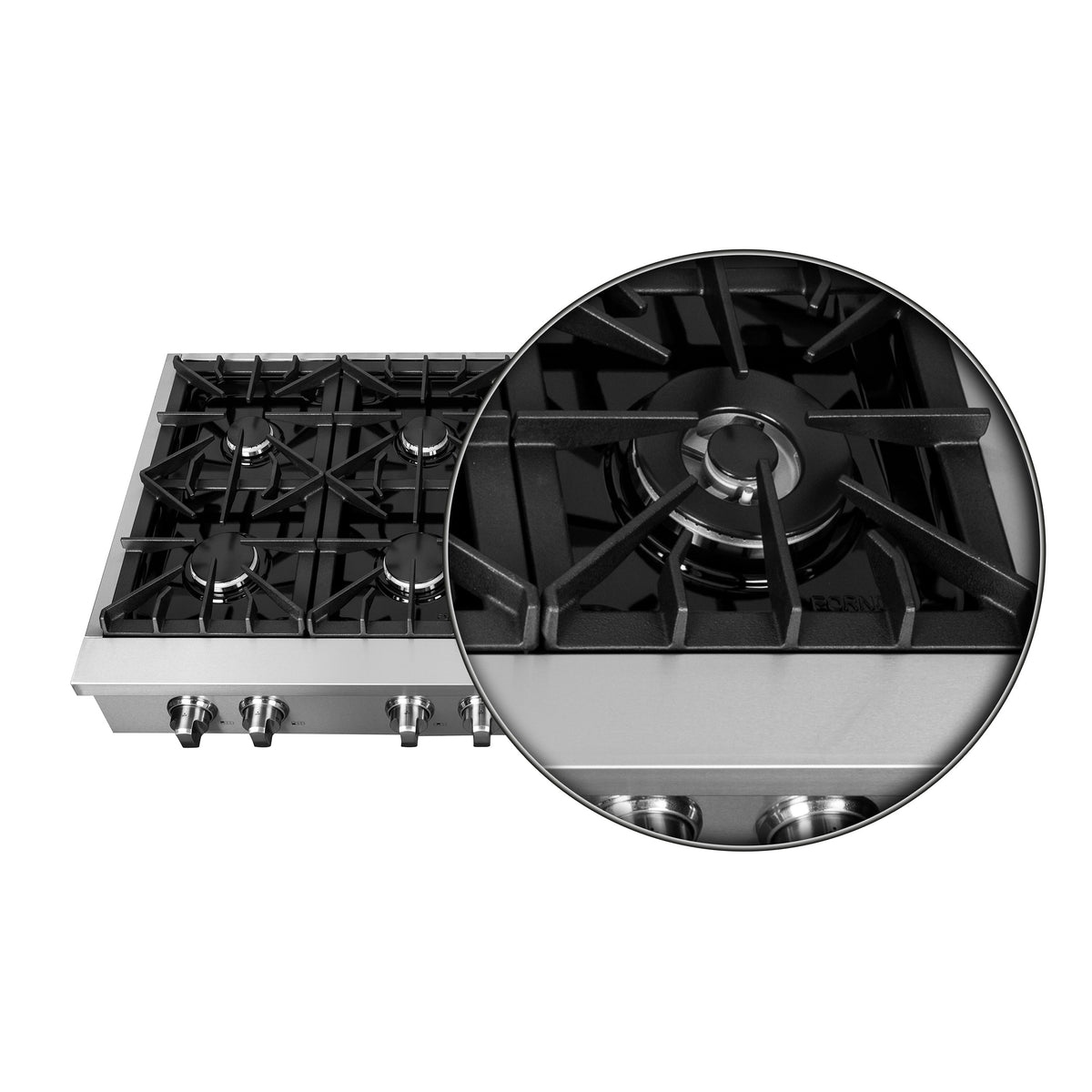 Stainless steel gas cooktop burner layout with black grates zoomed in