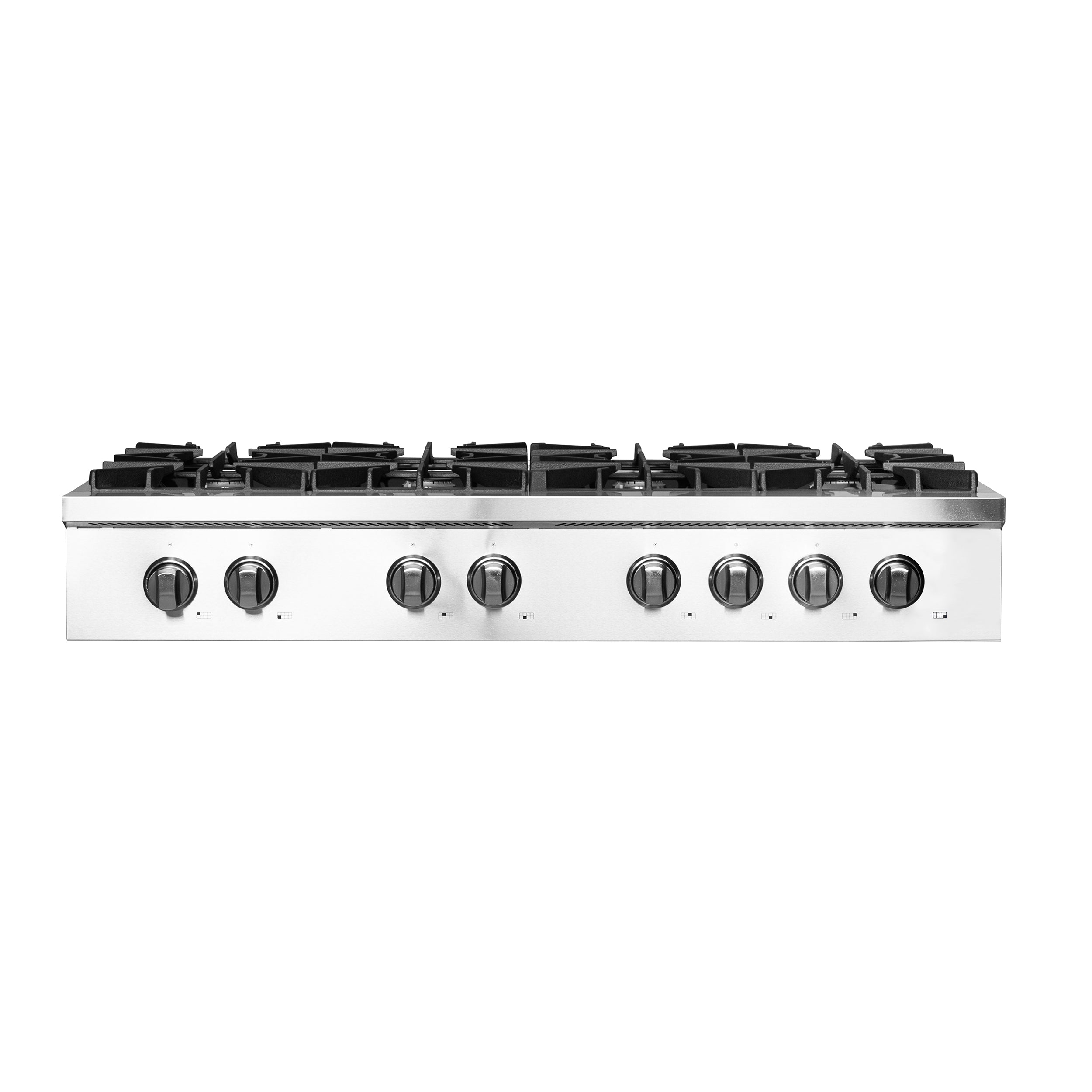 Stainless steel gas cooktop with black grates and control knobs along front edge