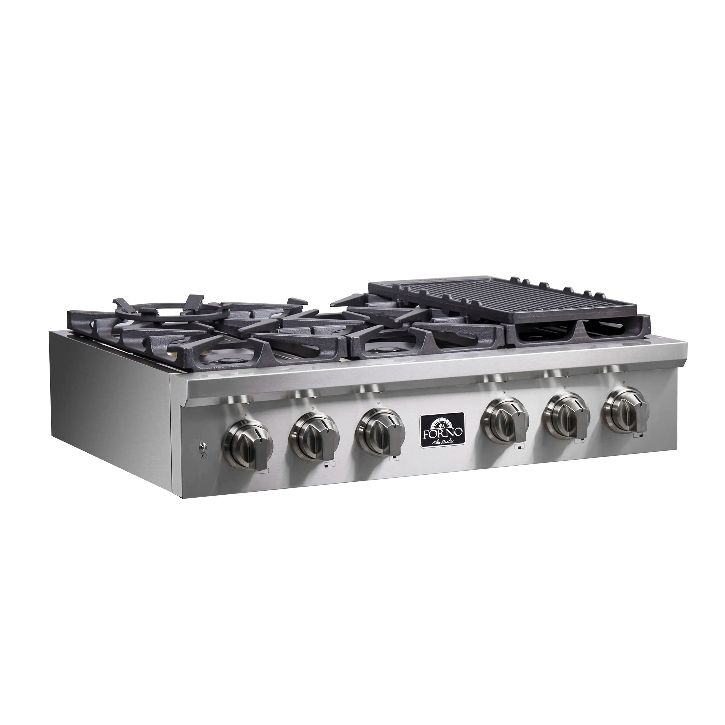 Stainless steel gas rangetop with knob controls and cast-iron burner grates, side view