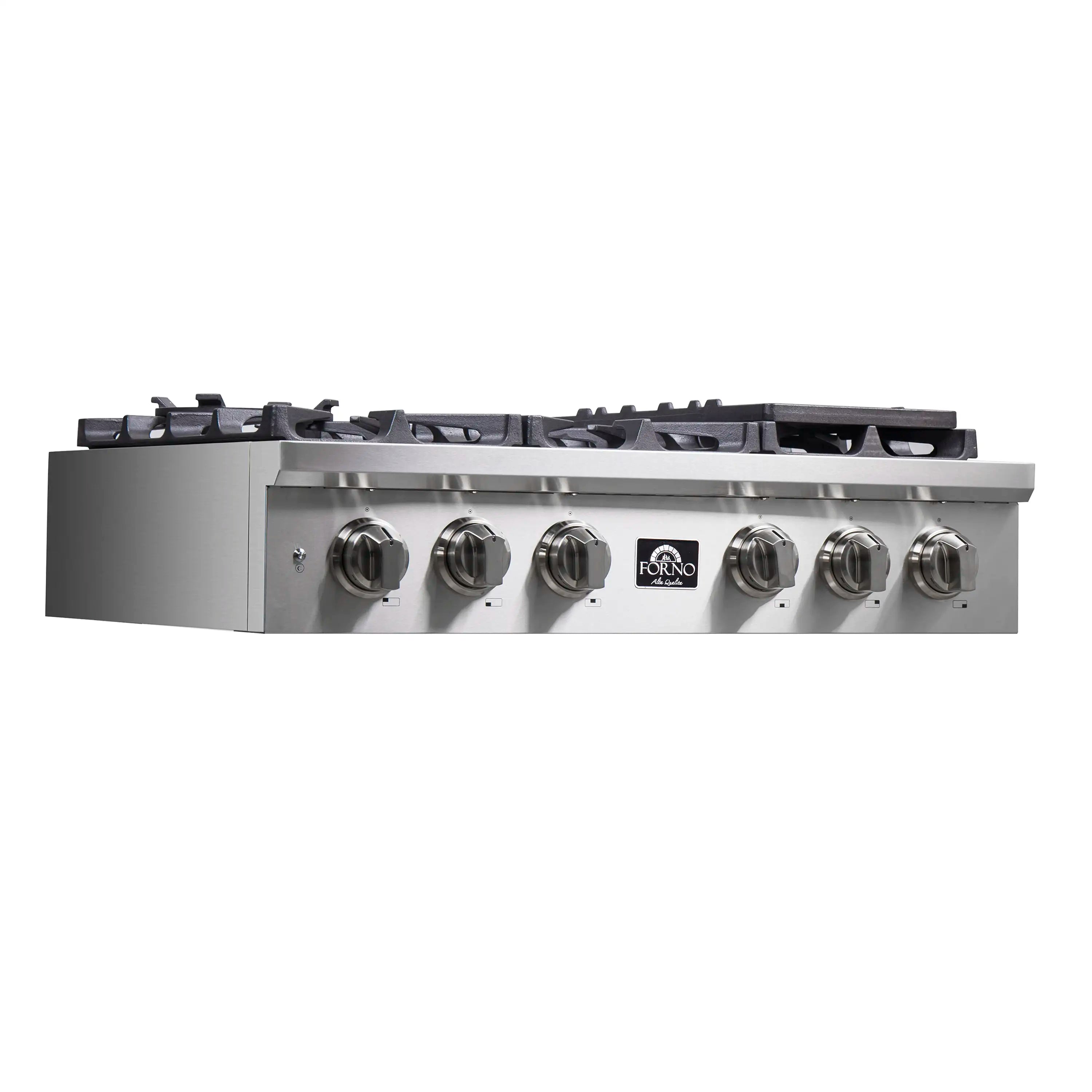 Stainless steel 36-inch gas rangetop front control panel with six burners and grates