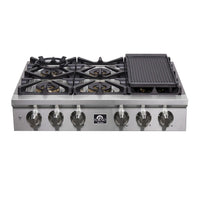 Forno Spezia 36-Inch Pro Style Gas Rangetop, 6 Dual-Ring brass Sealed Burners, 120 000 BTU, Continuous Cast Iron Grates (FCTGS5751-36)