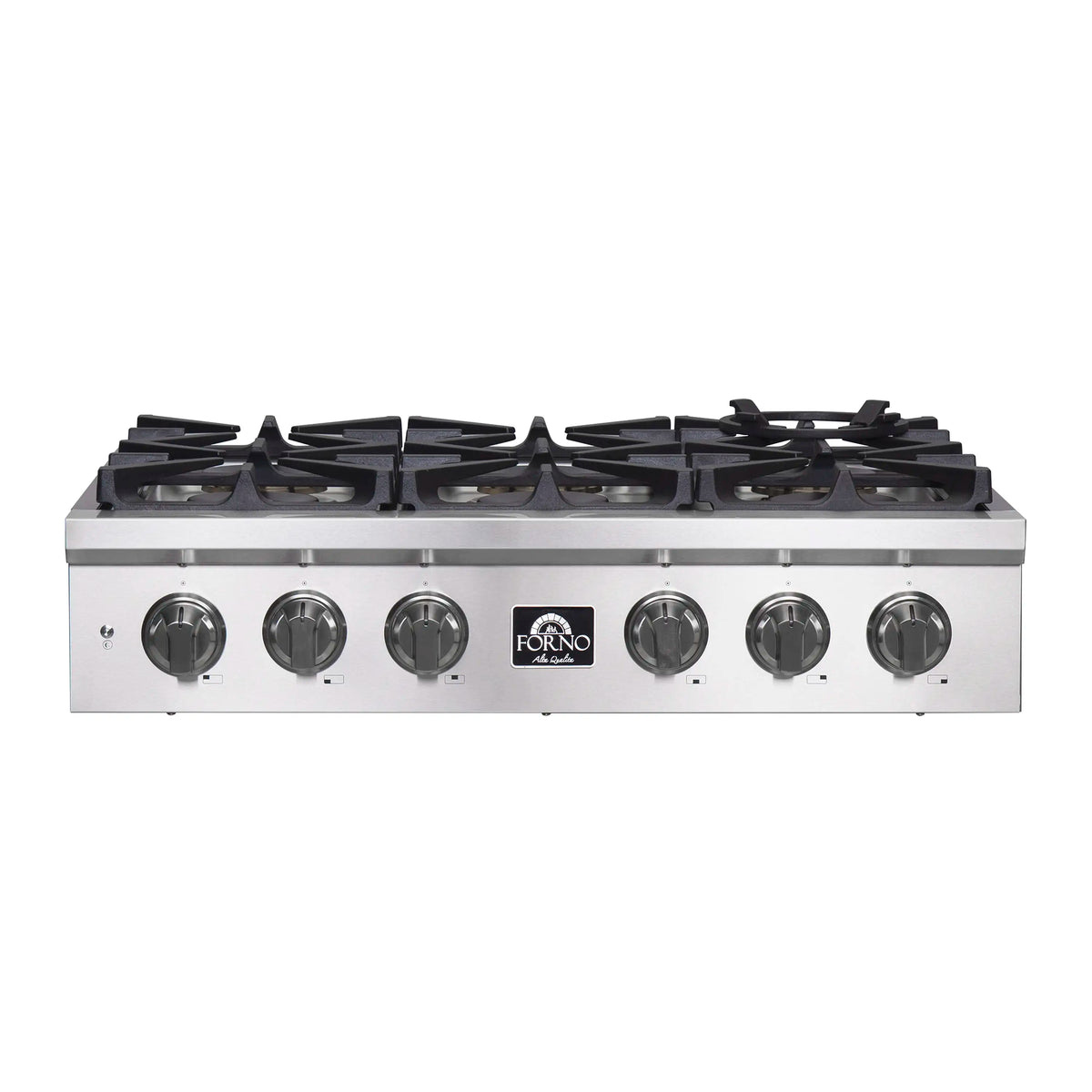 Stainless steel 36-inch gas rangetop with six cast-iron grates and front knob controls