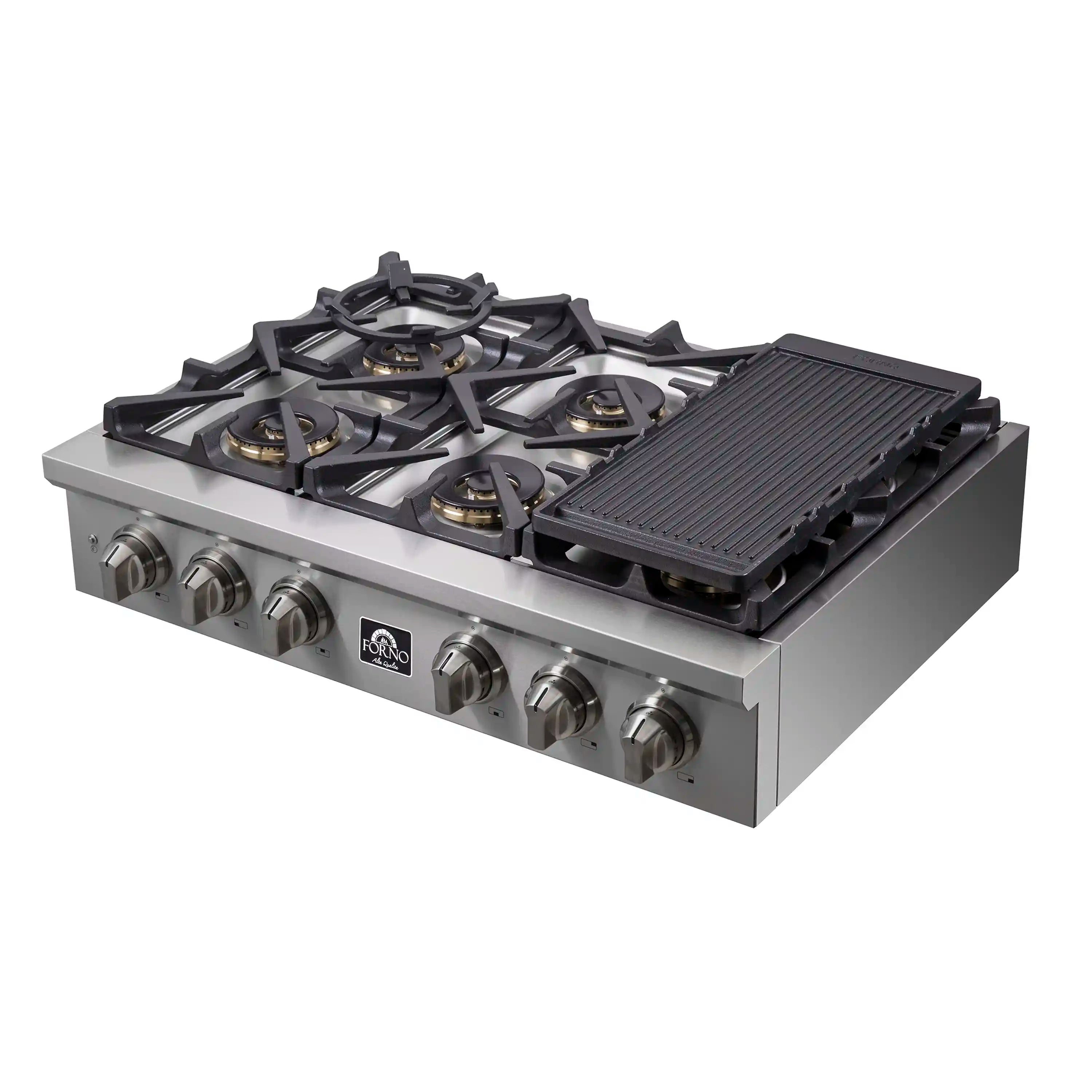 Stainless steel gas rangetop with griddle and cast-iron burner grates, diagonal angle