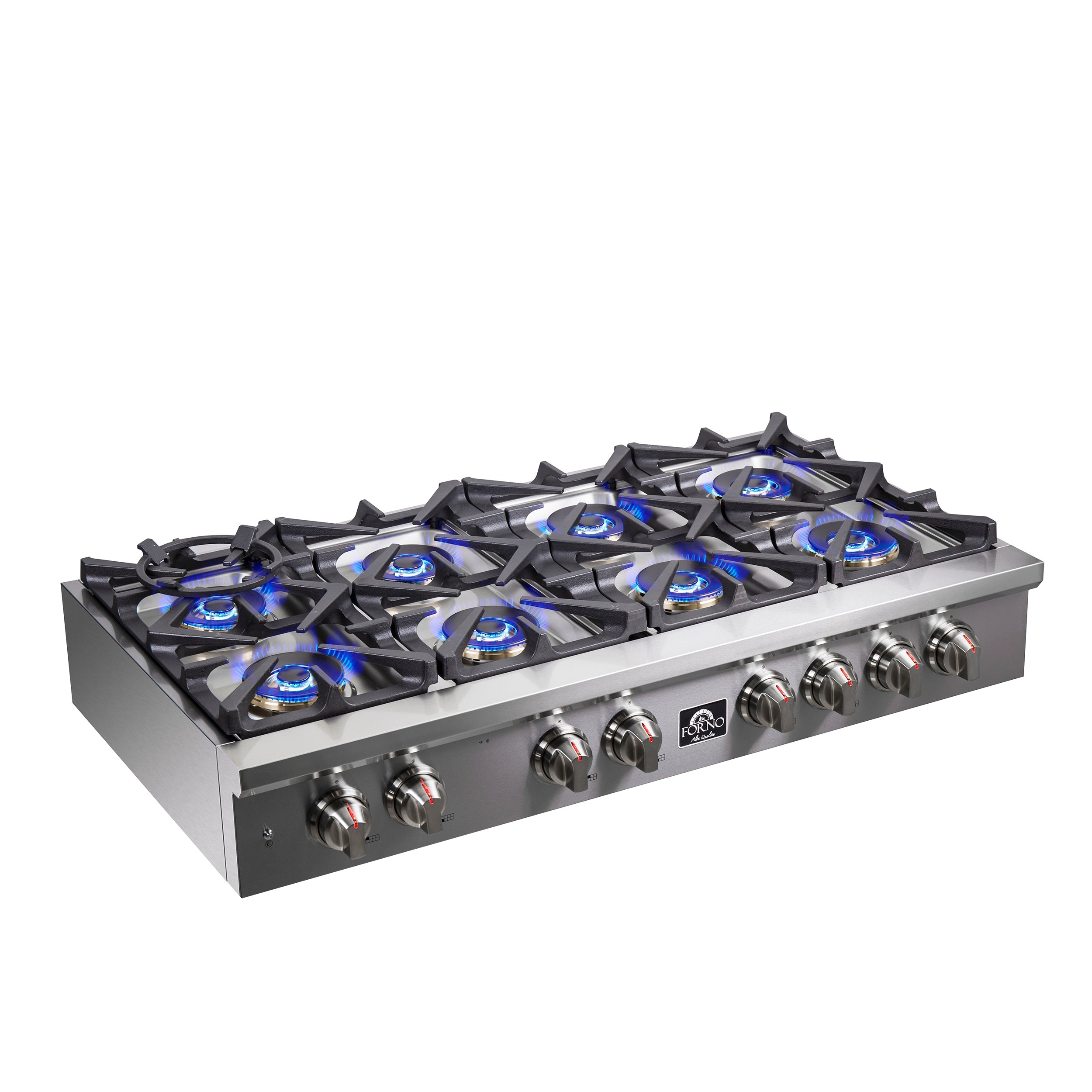 Angled stainless steel gas rangetop with six blue-flame burners and ribbed griddle