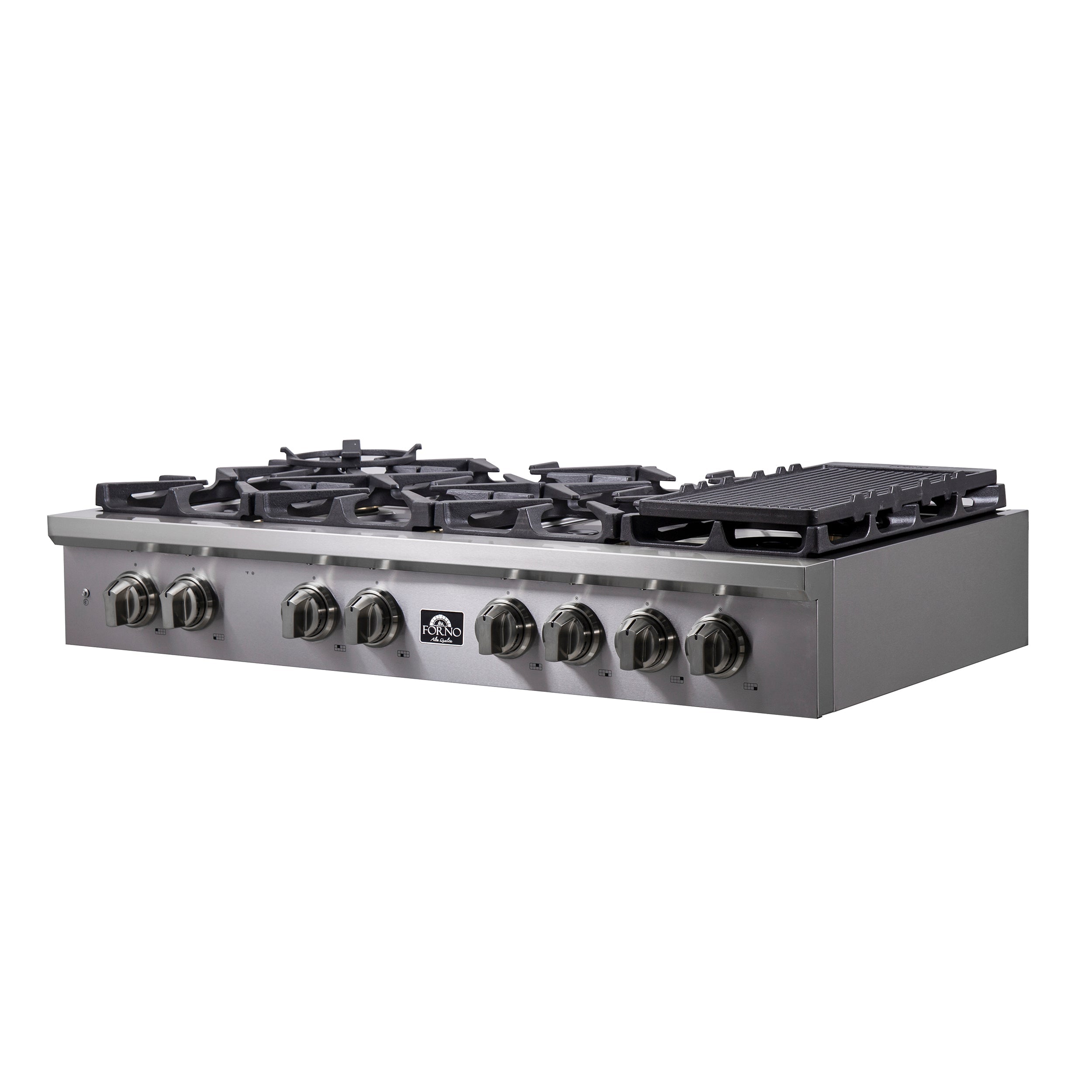 Stainless steel gas rangetop angled view with black grates and control knobs