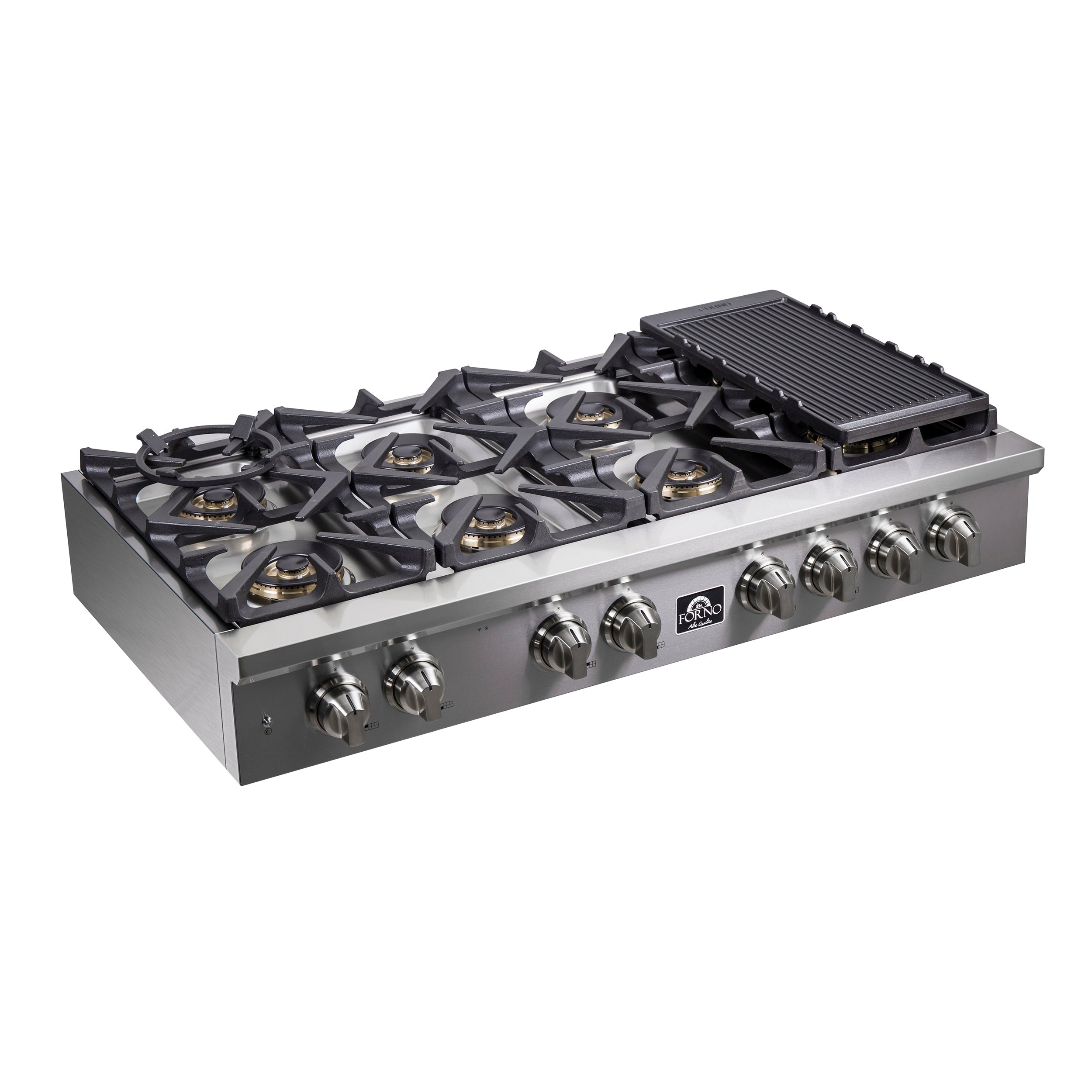 Stainless steel gas rangetop showing burners, grates, and rear grill griddle