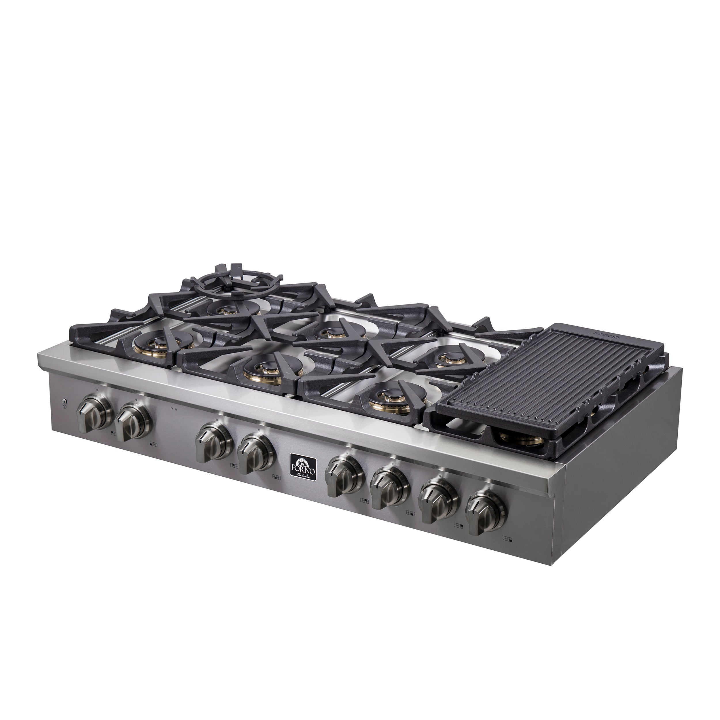 Stainless steel gas rangetop with six burners and ribbed griddle, front corner view
