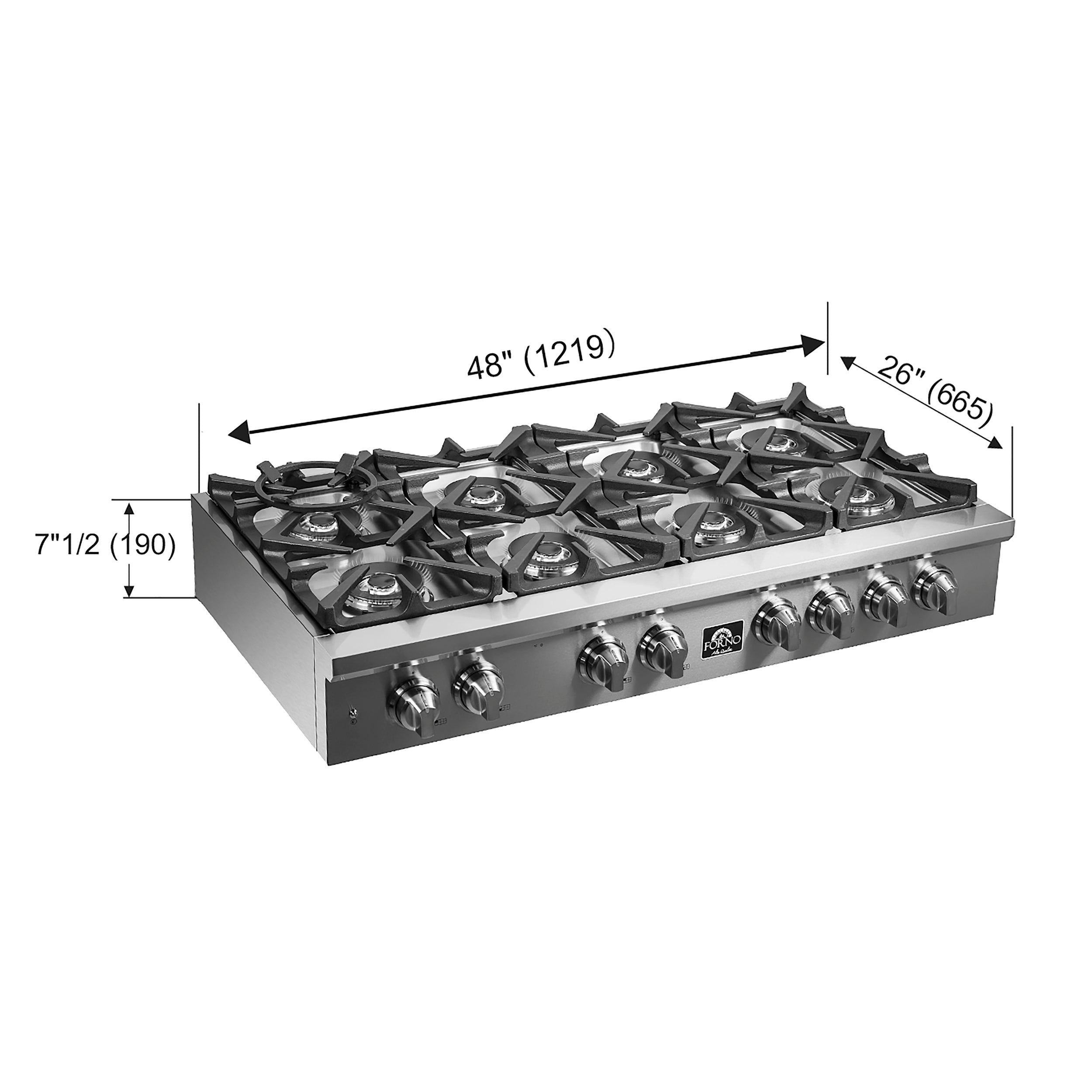 Stainless steel 48-inch gas rangetop with burner grates and front control knobs
