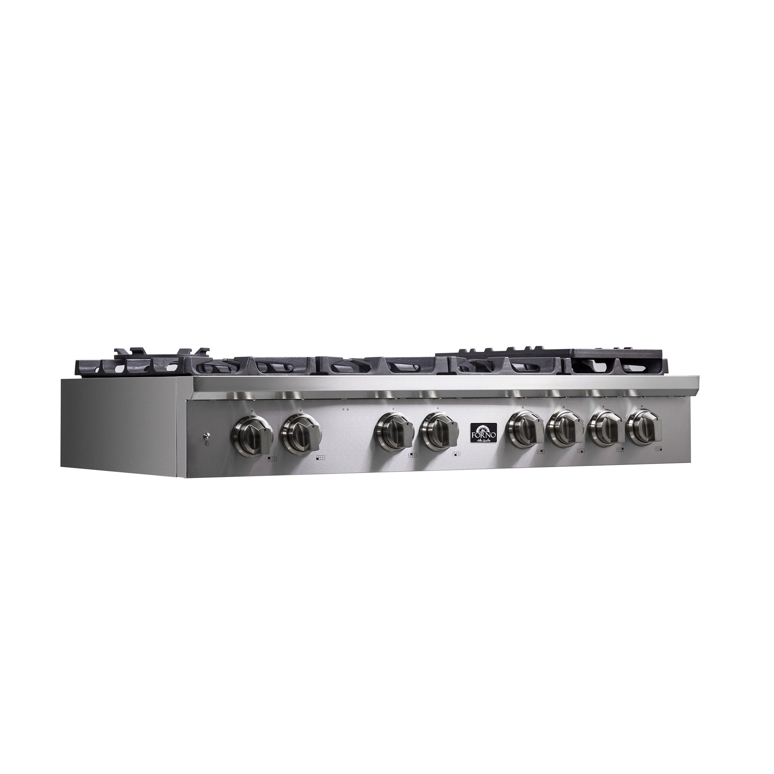Stainless steel gas rangetop with six burner grates and control knobs
