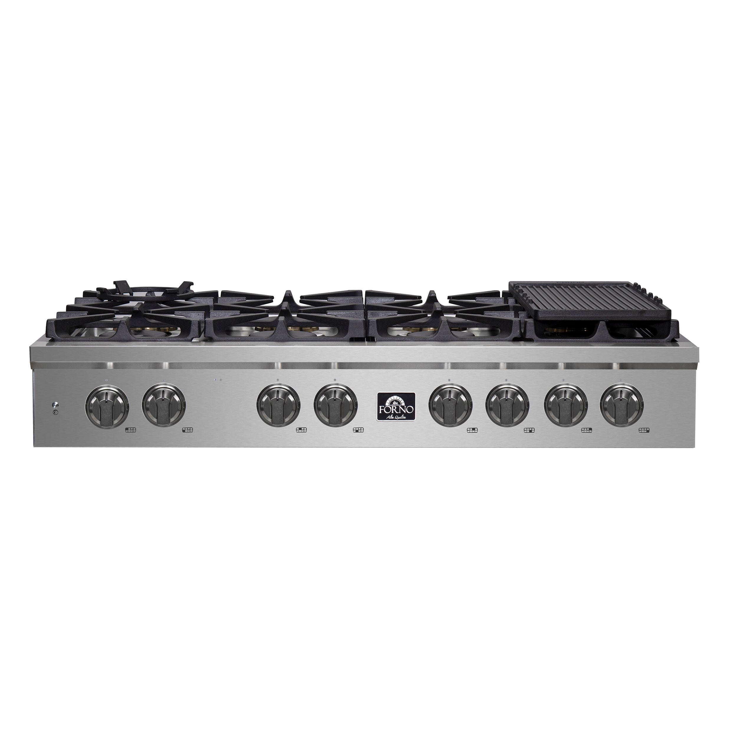 Stainless gas rangetop with five burners, cast-iron grates, and control knobs