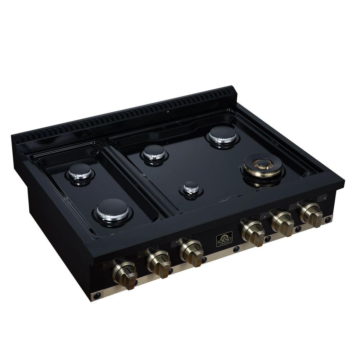 Black gas cooktop top view with 6 burners and black grates