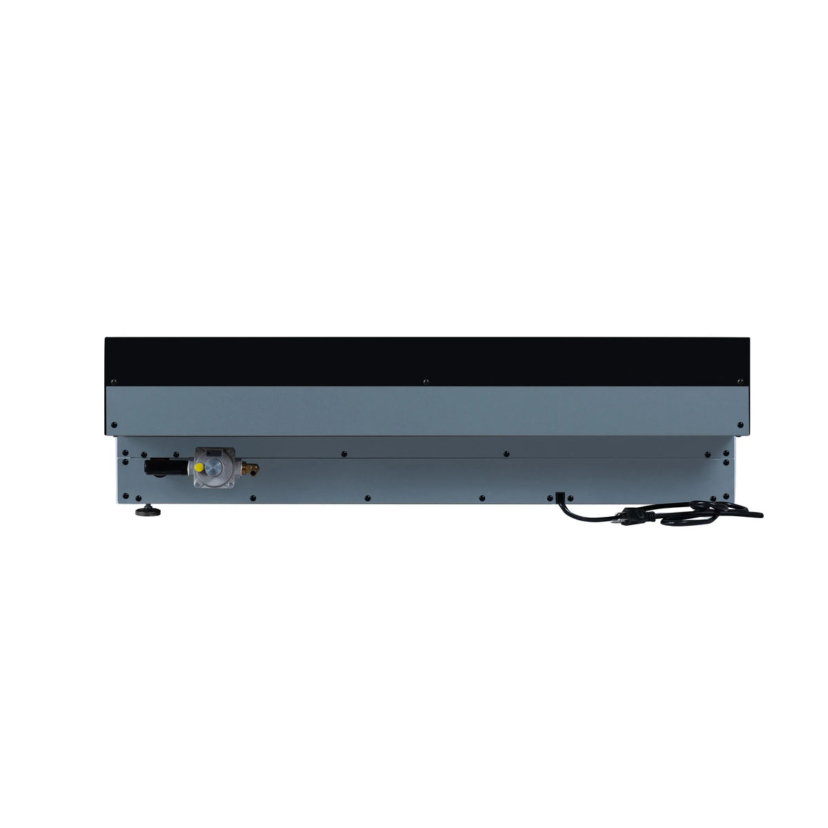 Underside of black gas cooktop with rear connection and mounting hardware