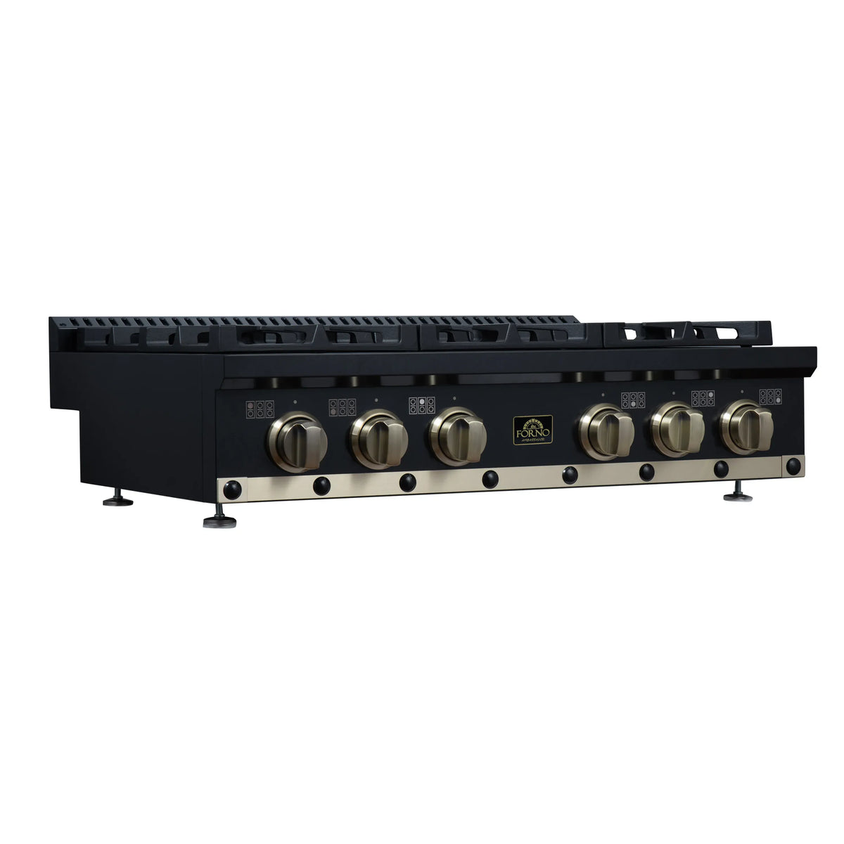 Black 6-burner gas cooktop with brass knobs along the front control panel