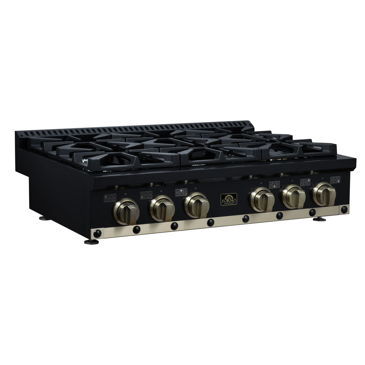 Black gas cooktop with 6 sealed burners, black grates, and brass control knobs