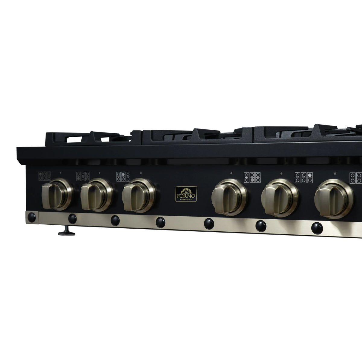 Black gas cooktop close-up of brass knobs and FORNO logo on front panel