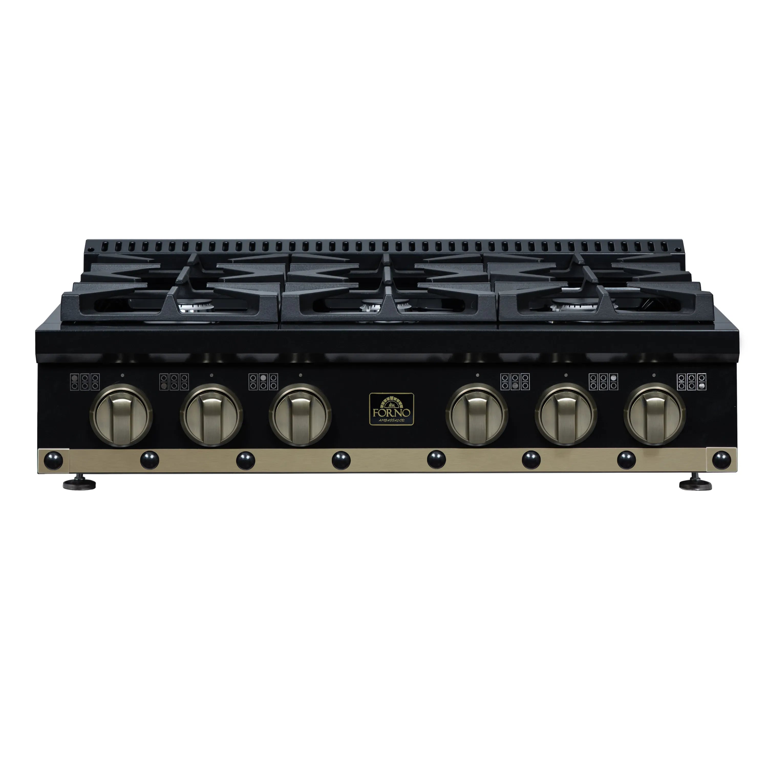 Black 36-inch gas cooktop with six burner grates and front control knobs