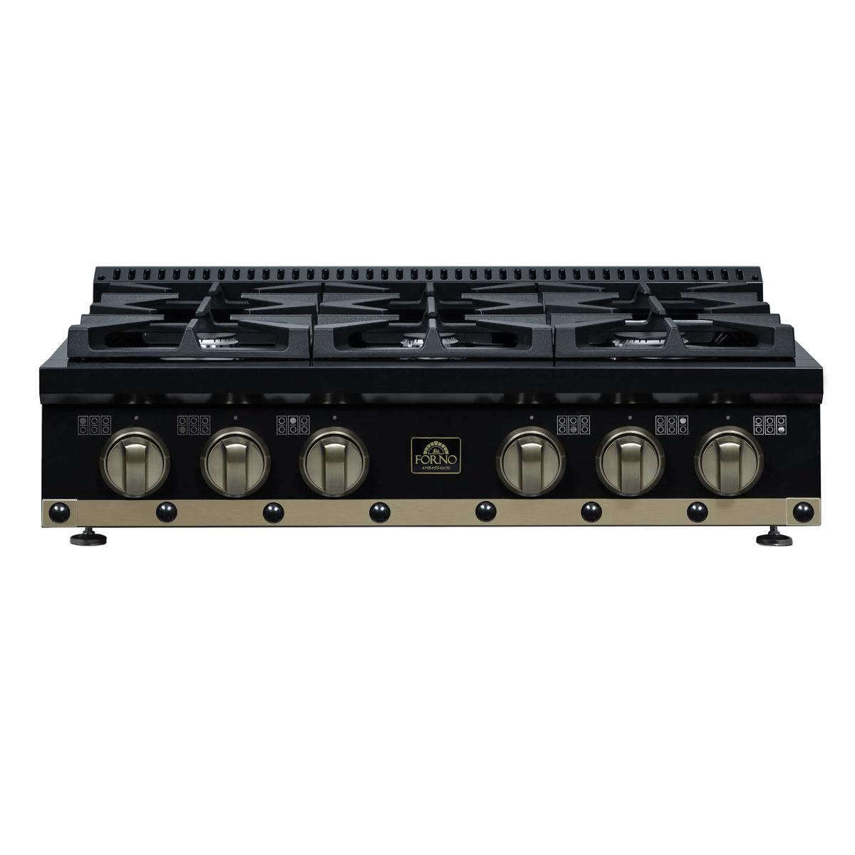 Black 36-inch gas cooktop with six burner grates and front control knobs