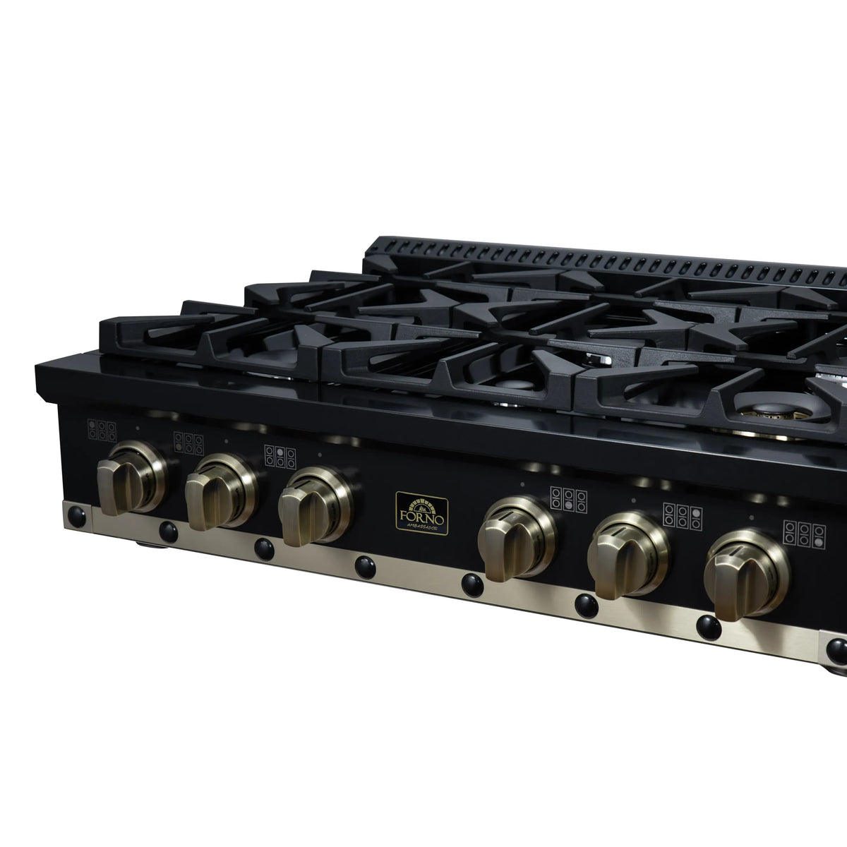 Black 36-inch gas cooktop with 6 sealed burners and brass control knobs