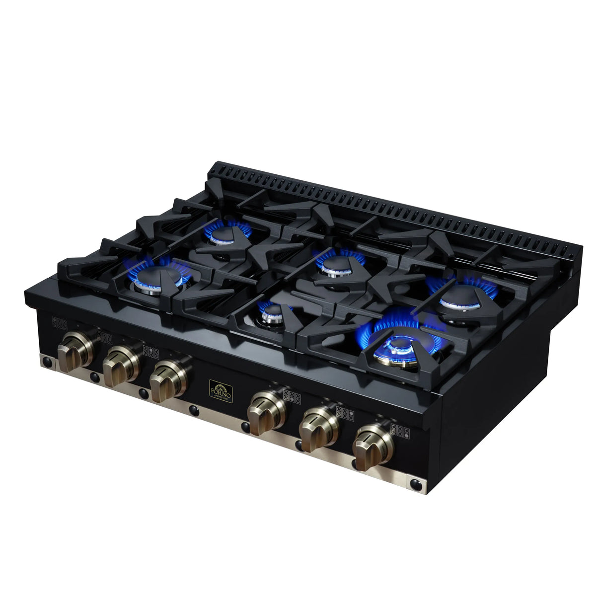 Black gas cooktop showing 6 burners with blue flames and brass front knobs