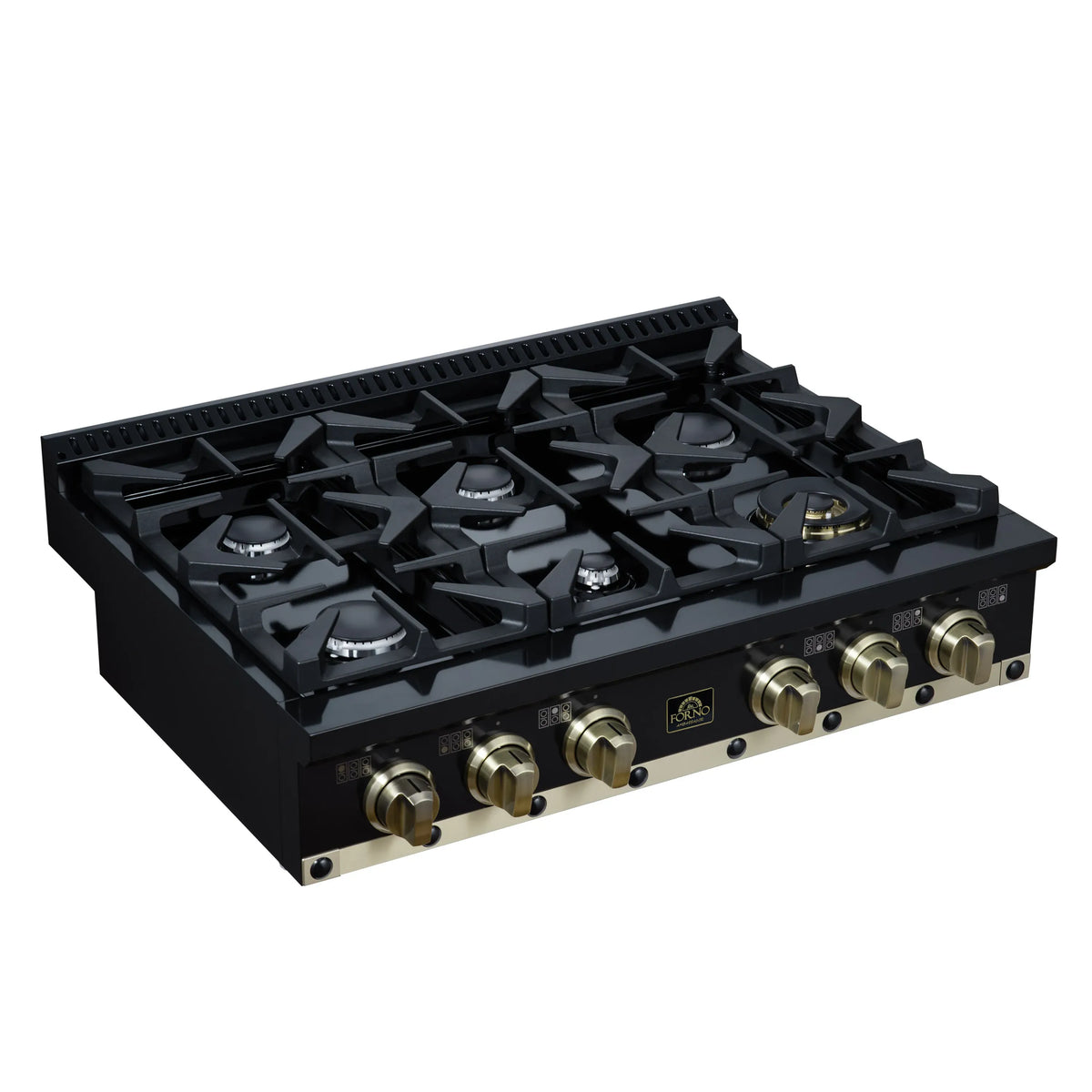 Black 6-burner gas cooktop with black grates, brass knobs, and burner caps