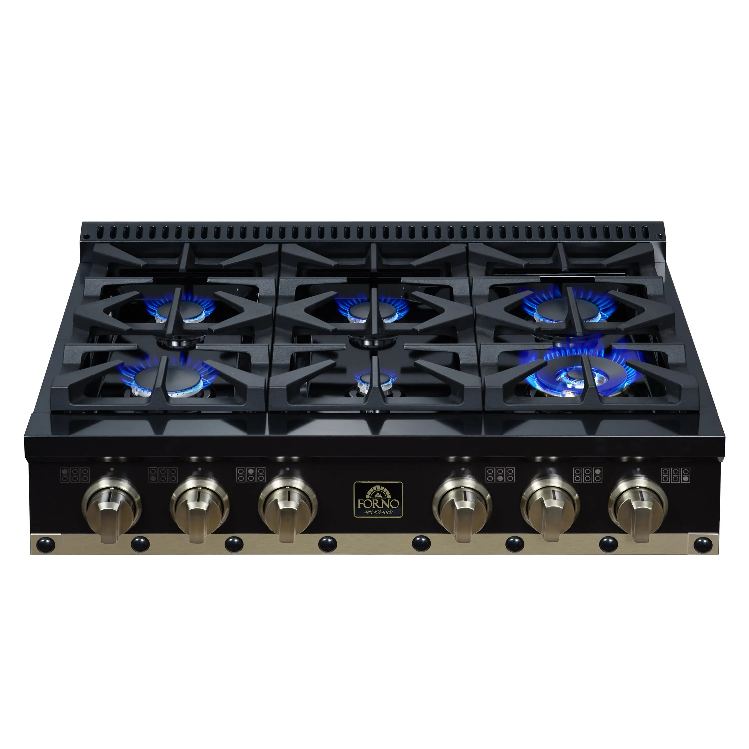 Black 36-inch gas cooktop with six sealed burners, metal knobs, and lit flames