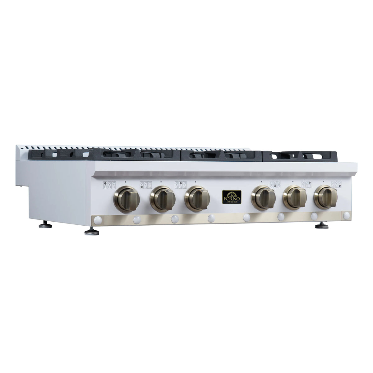 White gas cooktop with 6 brass control knobs and black burner grates, side view