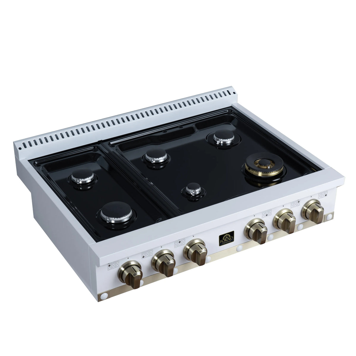 White gas cooktop with black burner grates and brass control knobs, top view angle