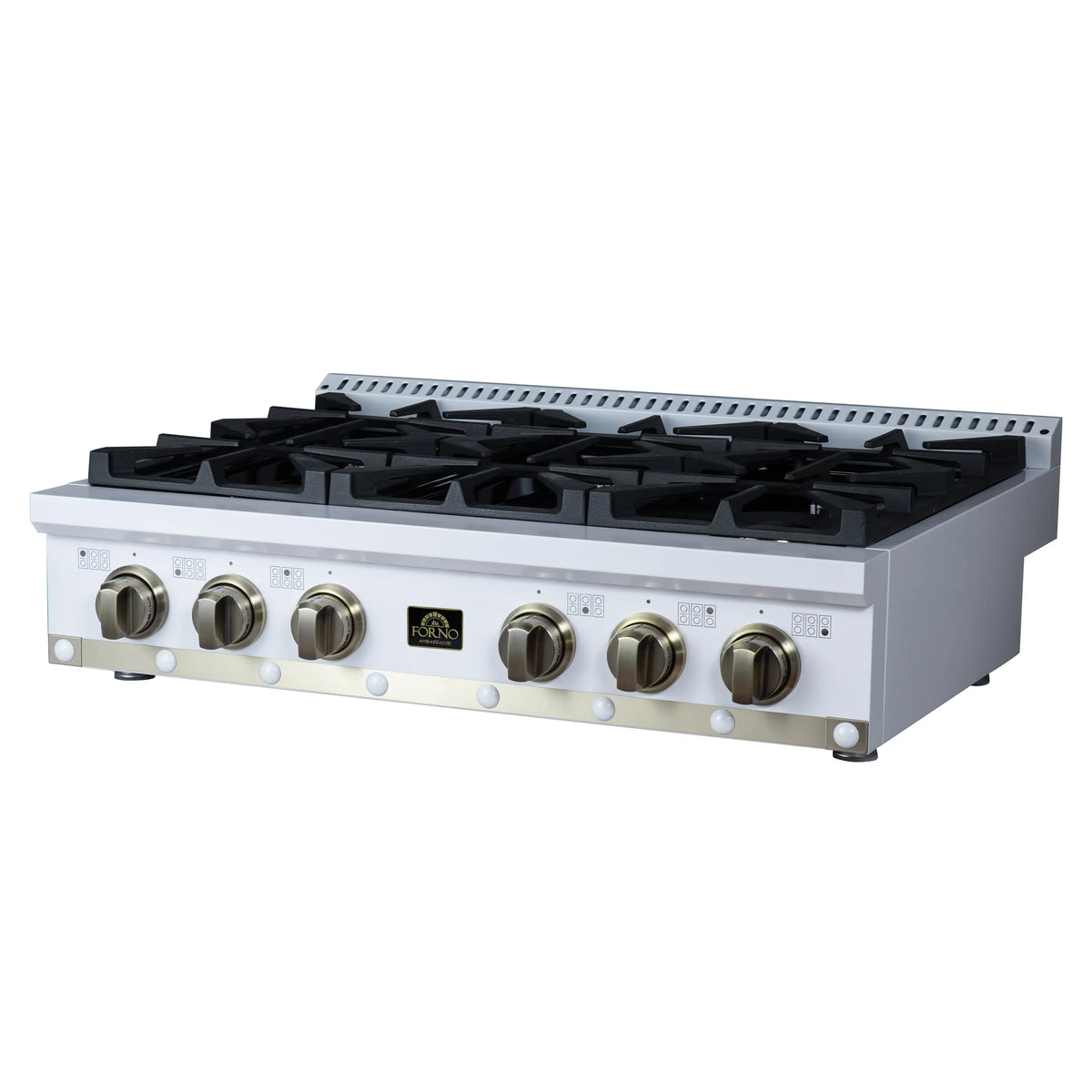 White gas cooktop with black grates and brass control knobs, angled front view