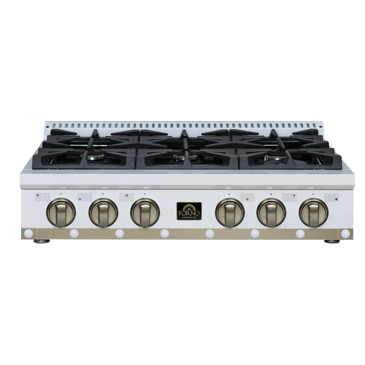 White gas cooktop with 6 burner grates and brass control knobs, front view