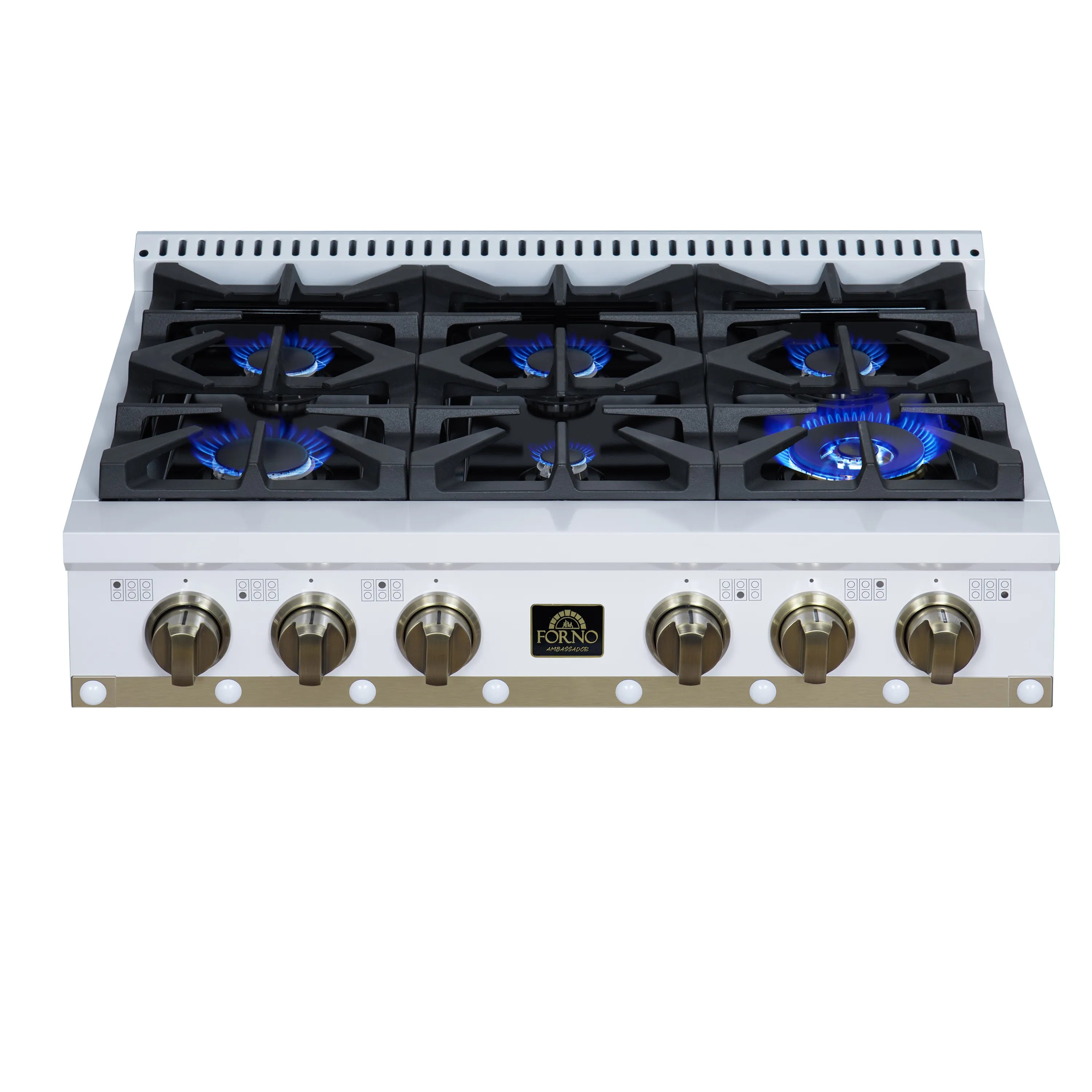 White gas cooktop with 6 burners and blue flames, black grates, brass control knobs