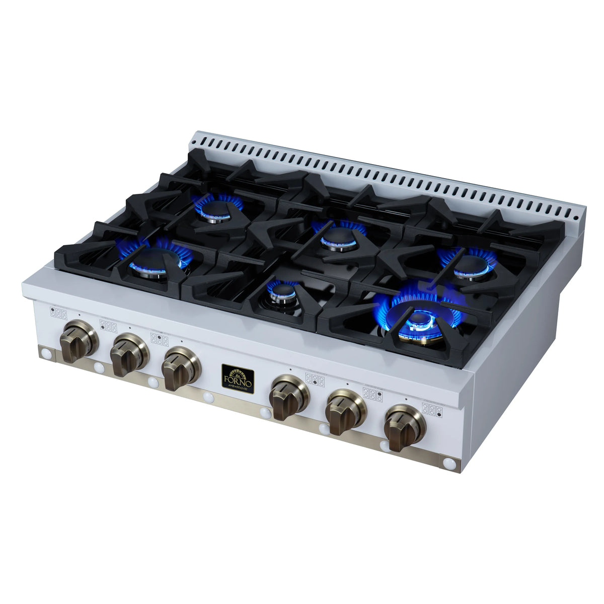 White gas cooktop with 6 burners showing blue flames, black grates, brass knobs