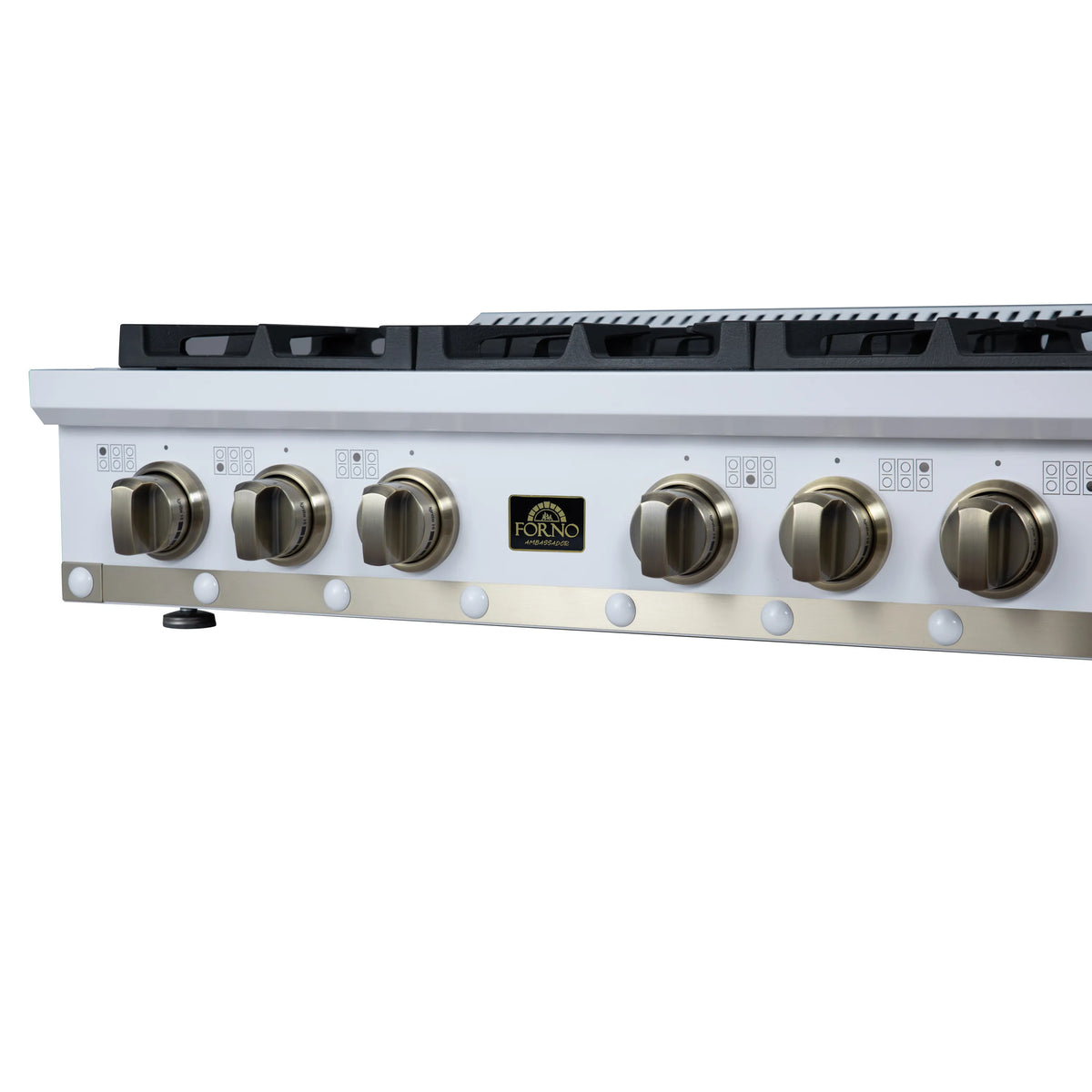 White gas cooktop with 6 sealed burners, black grates, and brass control knobs
