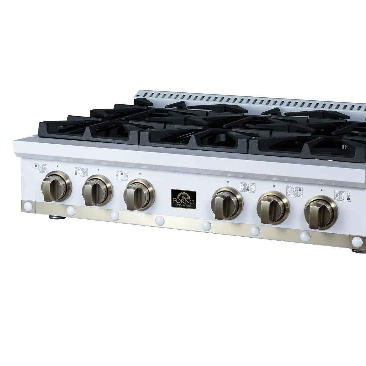 FORNO 36-inch gas cooktop with six black sealed burners, control knobs, and white base