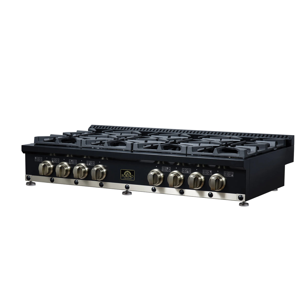 Black gas cooktop angled view with black grates and brass control knobs